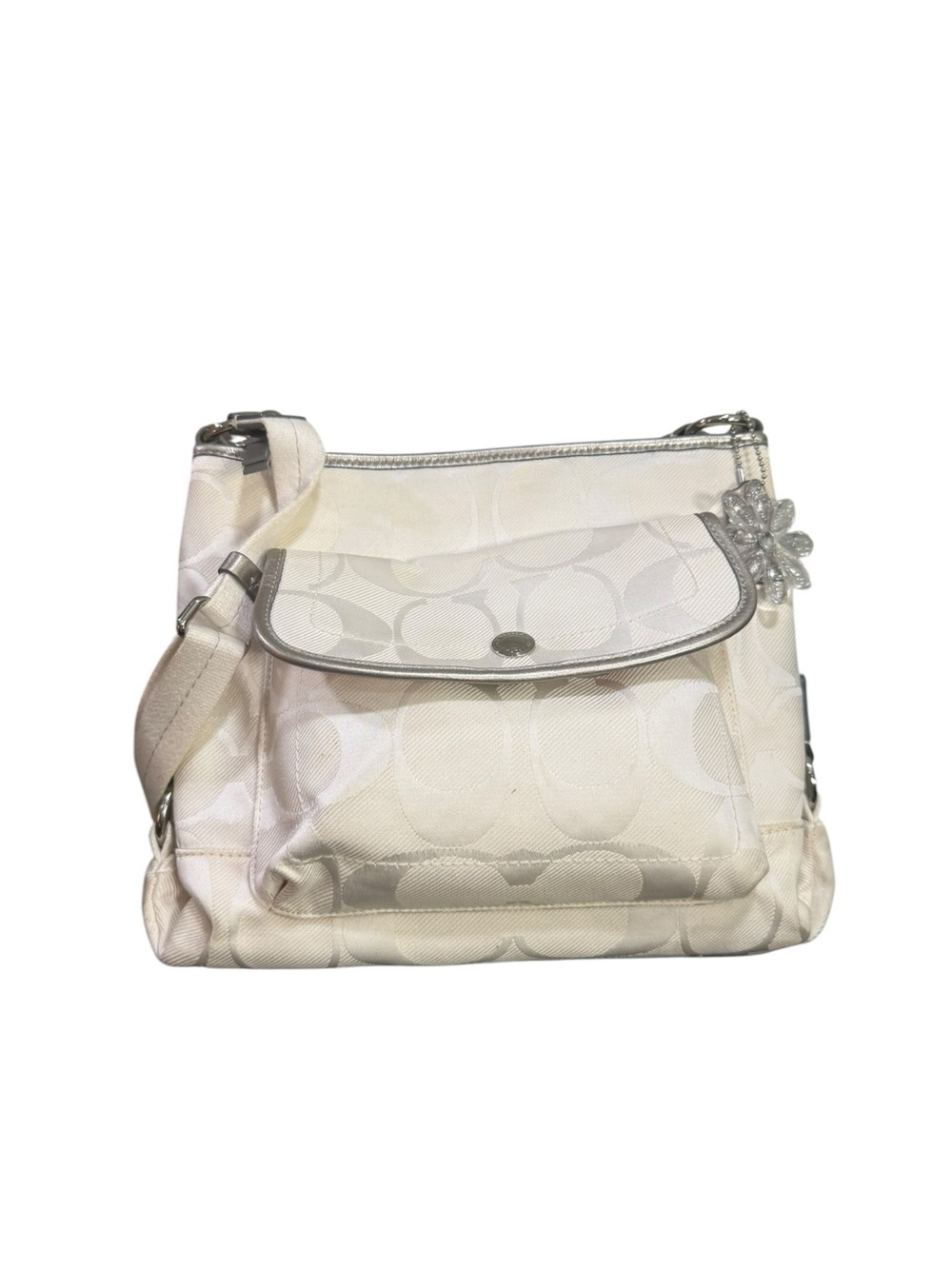 Coach Signature Ivory Jacquard Crossbody Bag Silver Pink Satin Interior 2012 - Picture 11 of 14